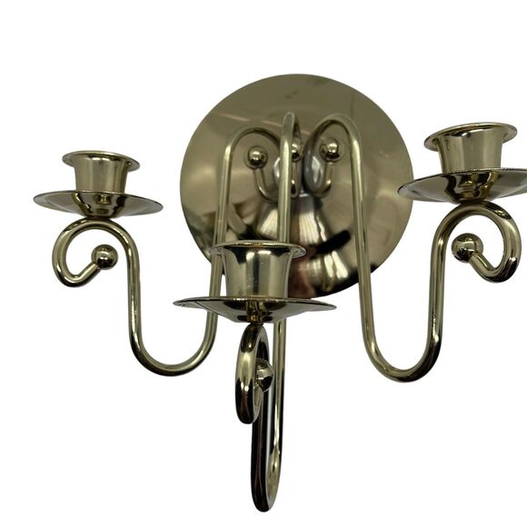 Brass Gold Tone Wall Candle Holder Sconce 3 Arm Candelabra USA Vintage Retro - Picture 2 of 15